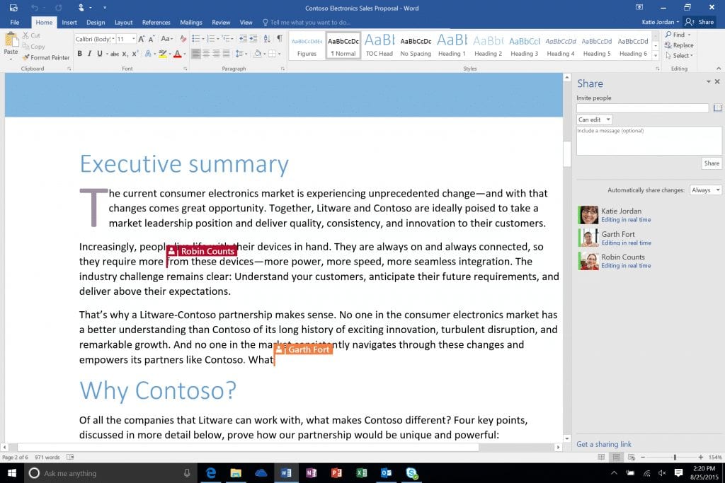 When others accept your invite to collaborate on a shared Microsoft Word doc, they can start working on the shared doc immediately. You will also see who is working inside the document and where they are contributing in real-time.