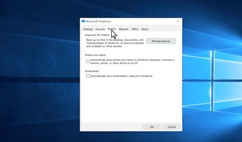 Microsoft OneDrive setting panel includes options to backup your data. This screen shows the “manage backup” button.