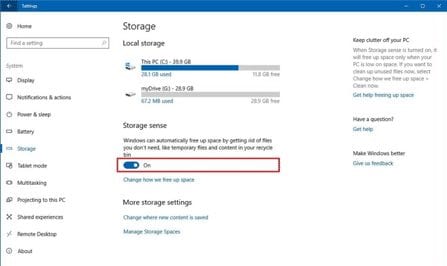 To enable Storage sense in Windows 10, click on System, select Storage and then toggle Storage sense "on".