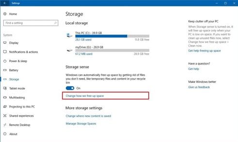 To specify which files you would like to delete, click on the "Change how we free up space link" in Windows 10.