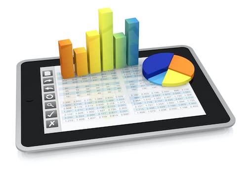 Tablet with spreadsheet and charts and graphs. Advanced features in Excel make it very easy to add tables and graphs to a spreadsheet.