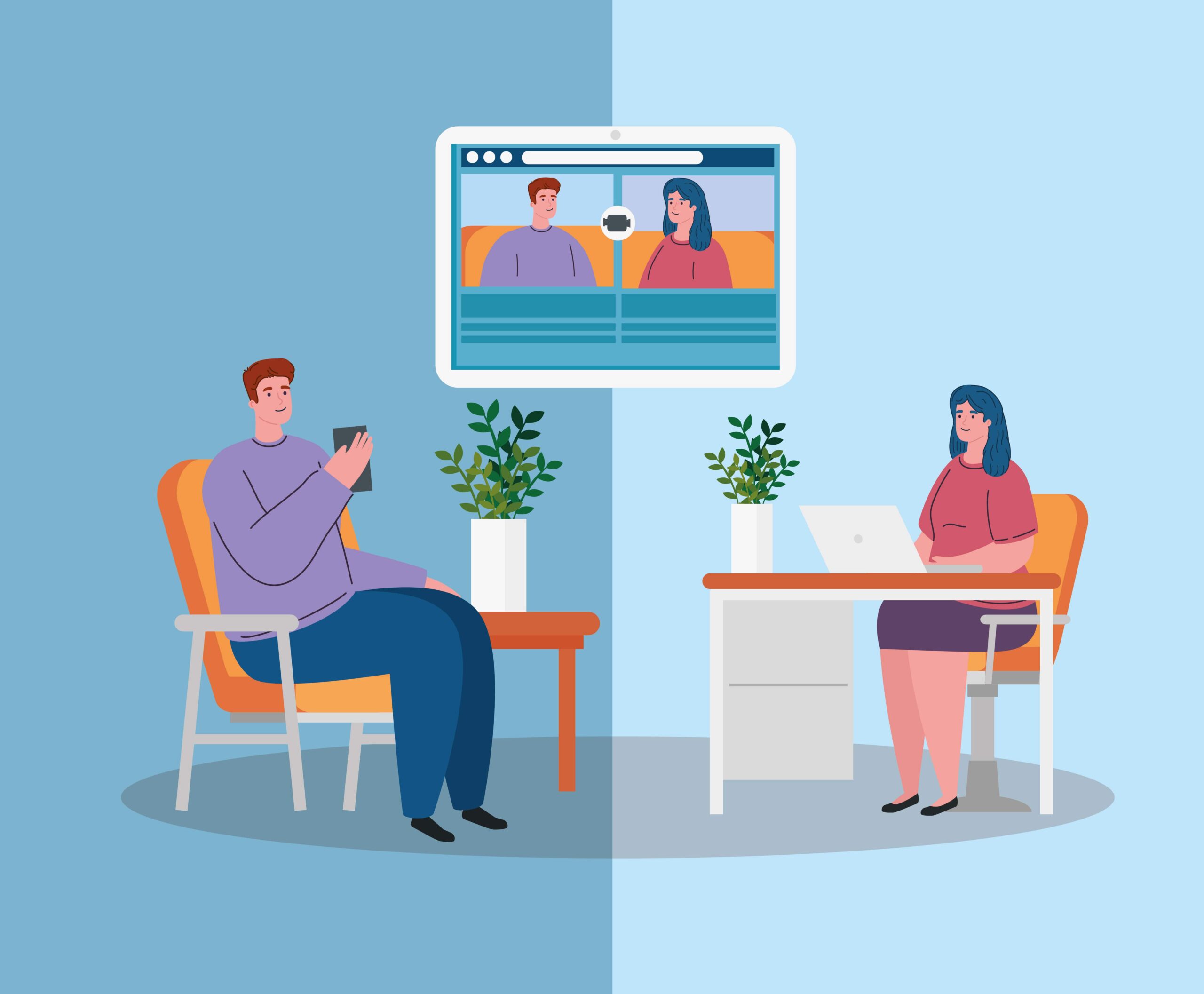 Vector image of a man and woman having a Microsoft Teams meeting.