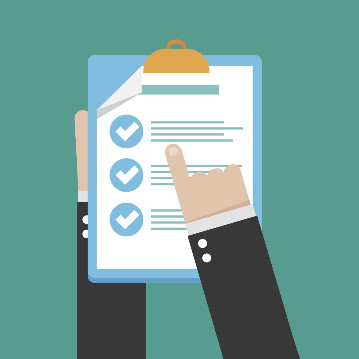 Vector image of a man pointing at a checklist on a clipboard.