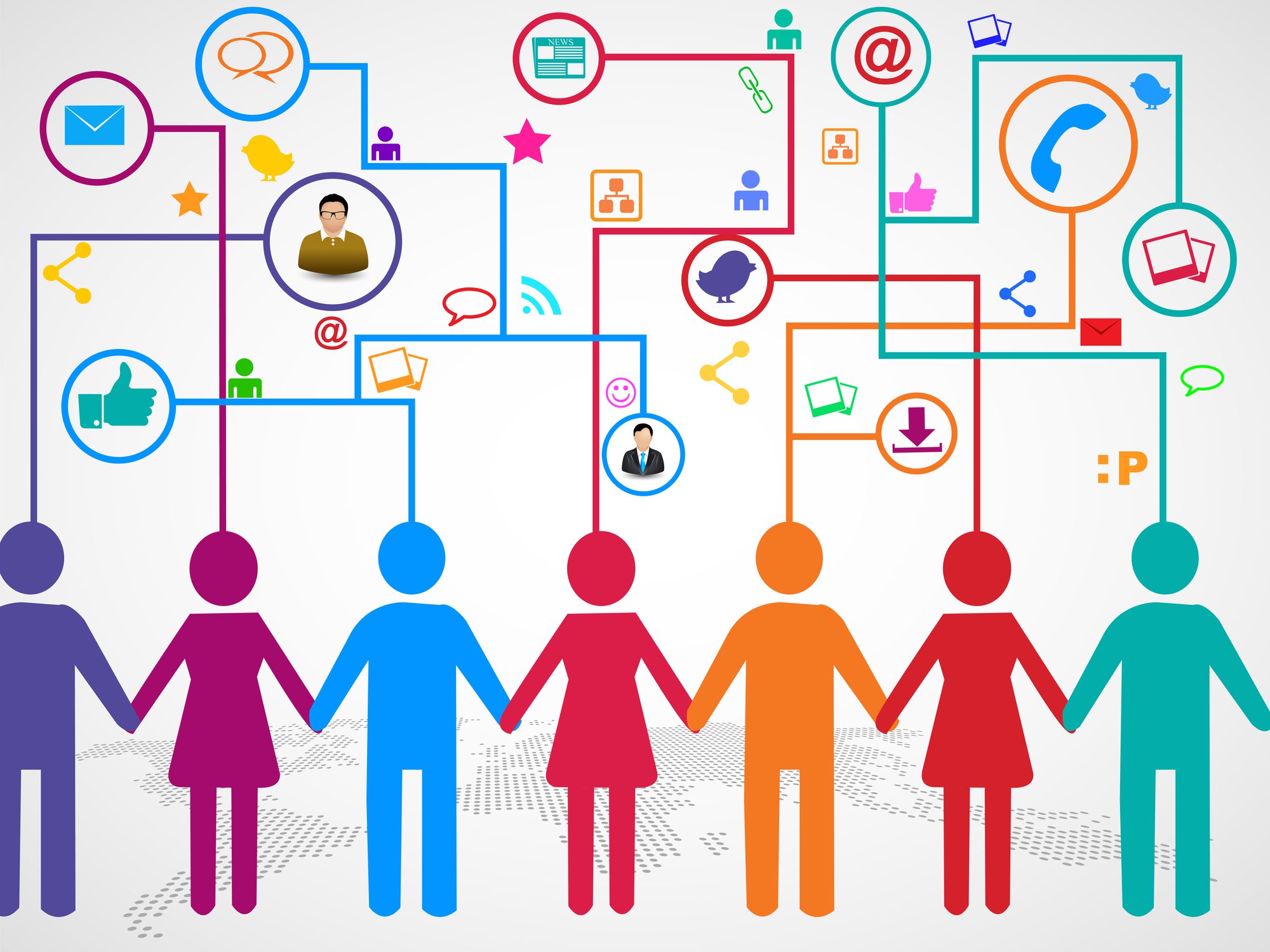 vector image of 7 male and female stick people silhouettes in different colors holding hands with diagrams above them to represent collaboration and work organization