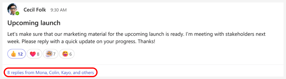 screenshot of Teams message with Copilot's summary of 8 replies from different team members