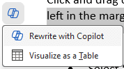 screenshot of Copilot in Word's pop-up when you highlight text in a Word document, showing options to Rewrite with Copilot and Visualize as a Table