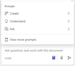 screenshot of Copilot in Word's prompt options to