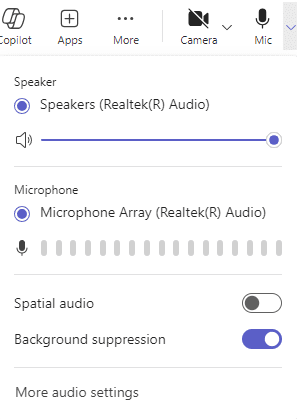 screenshot of Teams' new audio flyout menu