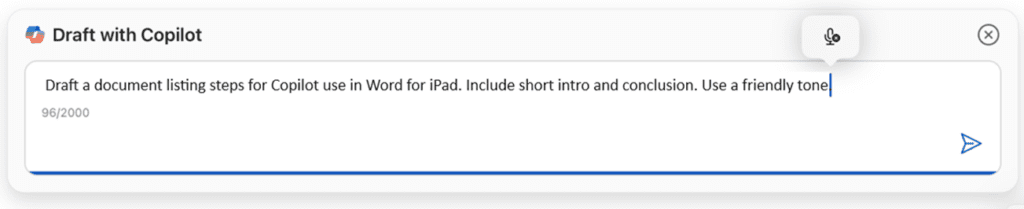 screenshot of draft with Copilot prompt box in the Microsoft Word app on iPad/iOS