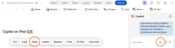 screenshot of Copilot for Microsoft Word on iPad/iOS with copy and paste buttons circled in red