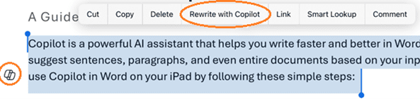 screenshot of text highlighted in Microsoft Word for iPad with option to Rewrite with Copilot