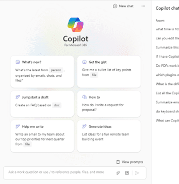screenshot of Copilot in Teams Chat, including selectable prompts
