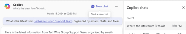 screenshot of Copilot in Teams, with mouse hovering over the "New Chat" button