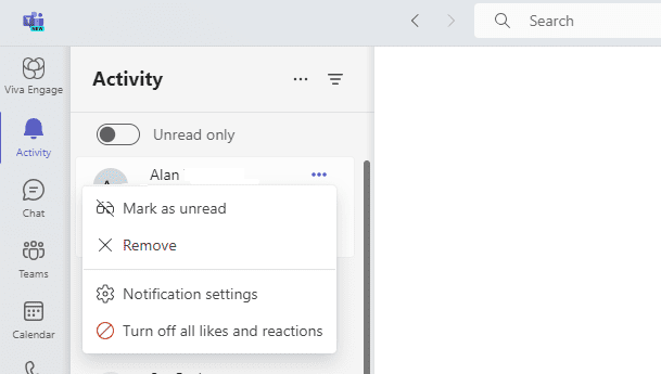 screenshot of more options in Activity feed in Teams