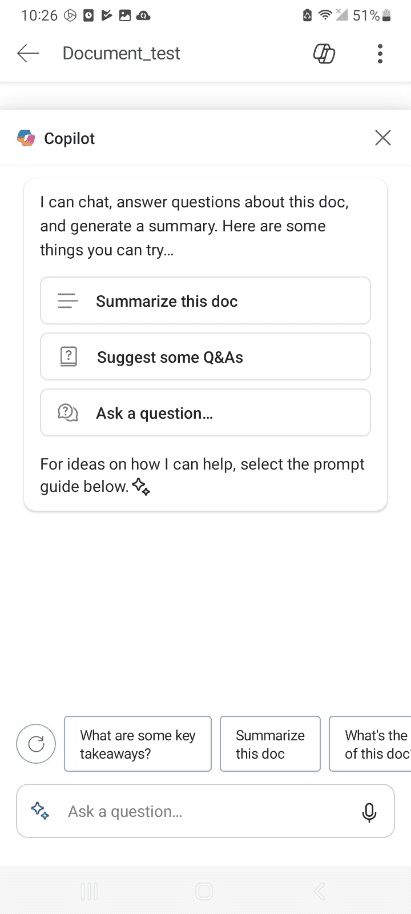 TWG_CopilotforWord_Mobile_005 screenshot of Copilot prompt in Microsoft Word app on an Android device