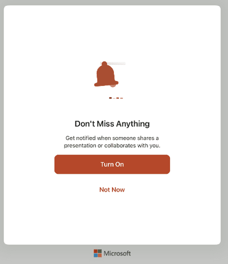 screenshot of introductory wizard & notification preferences pop-up on Microsoft Powerpoint for iPad