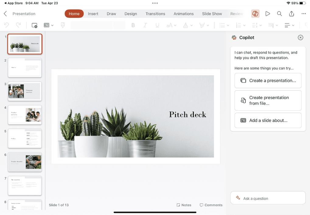 screenshot of iPad PowerPoint presentation with Copilot on sidebar