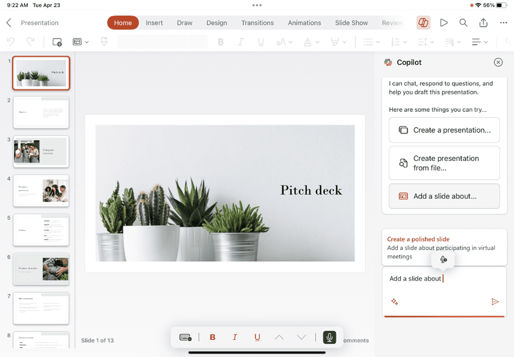 screenshot of a PowerPoint presentation on iPad with Copilot options to 