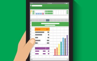 vector image of business person's hand holding a tablet showing an Excel spreadsheet