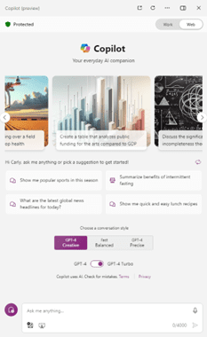 screenshot of Copilot in Windows when signed in, showing options for Work and Web results, along with a toggle switch for GPT 4 and GPT 4 Turbo