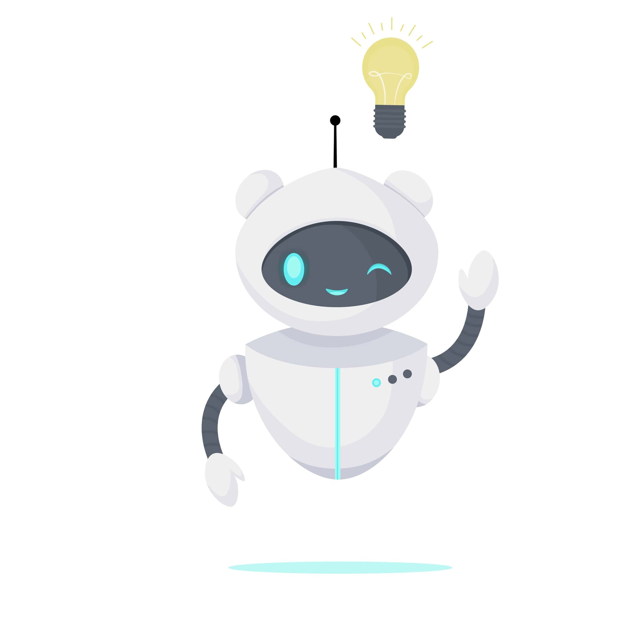 Smilling ai robot with lightbulb idea to illustrate Copilot's "Help me create" ability in Microsoft 365