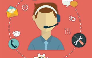 illustration of businessperson wearing headset with various icons circling around him to illustrate Teams Phone devices