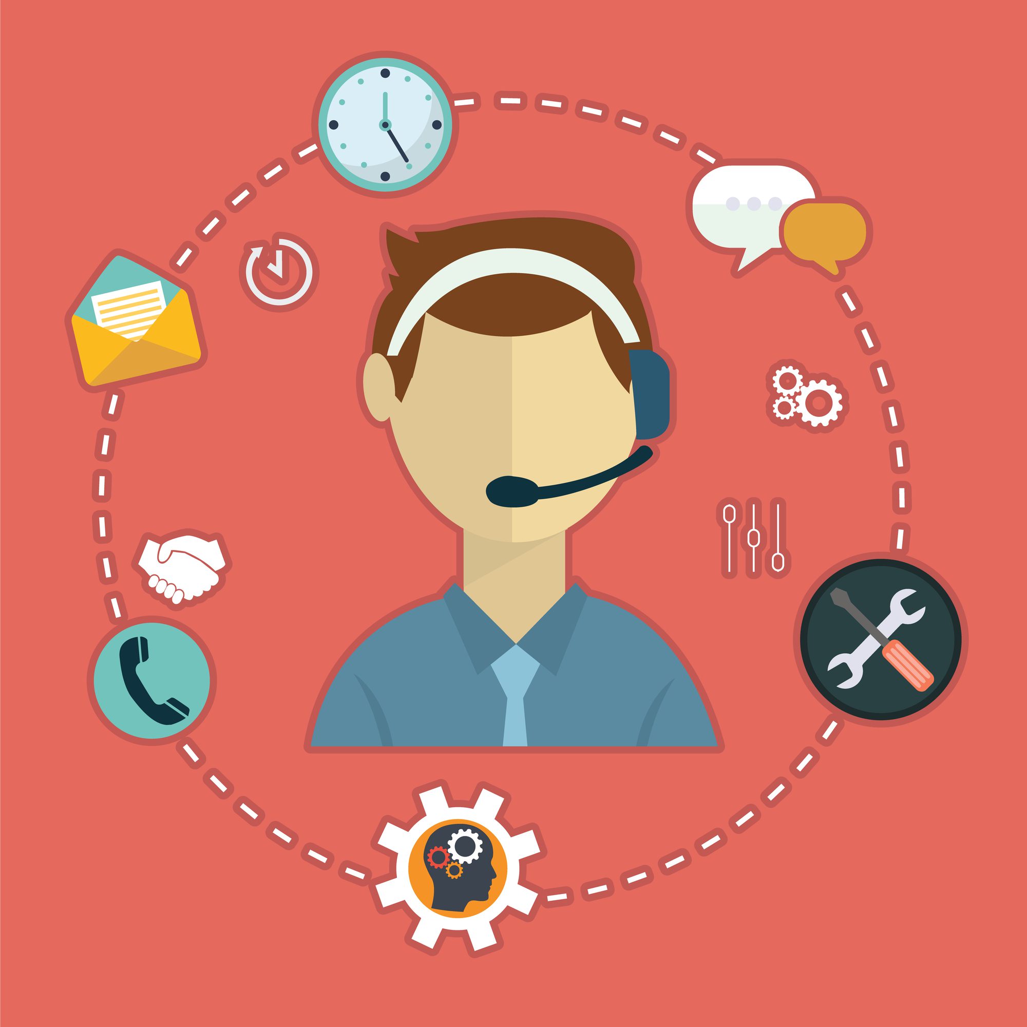 illustration of businessperson wearing headset with various icons circling around him to illustrate Teams Phone devices