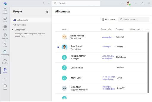 screenshot of All Contacts in People tab of Teams Phone