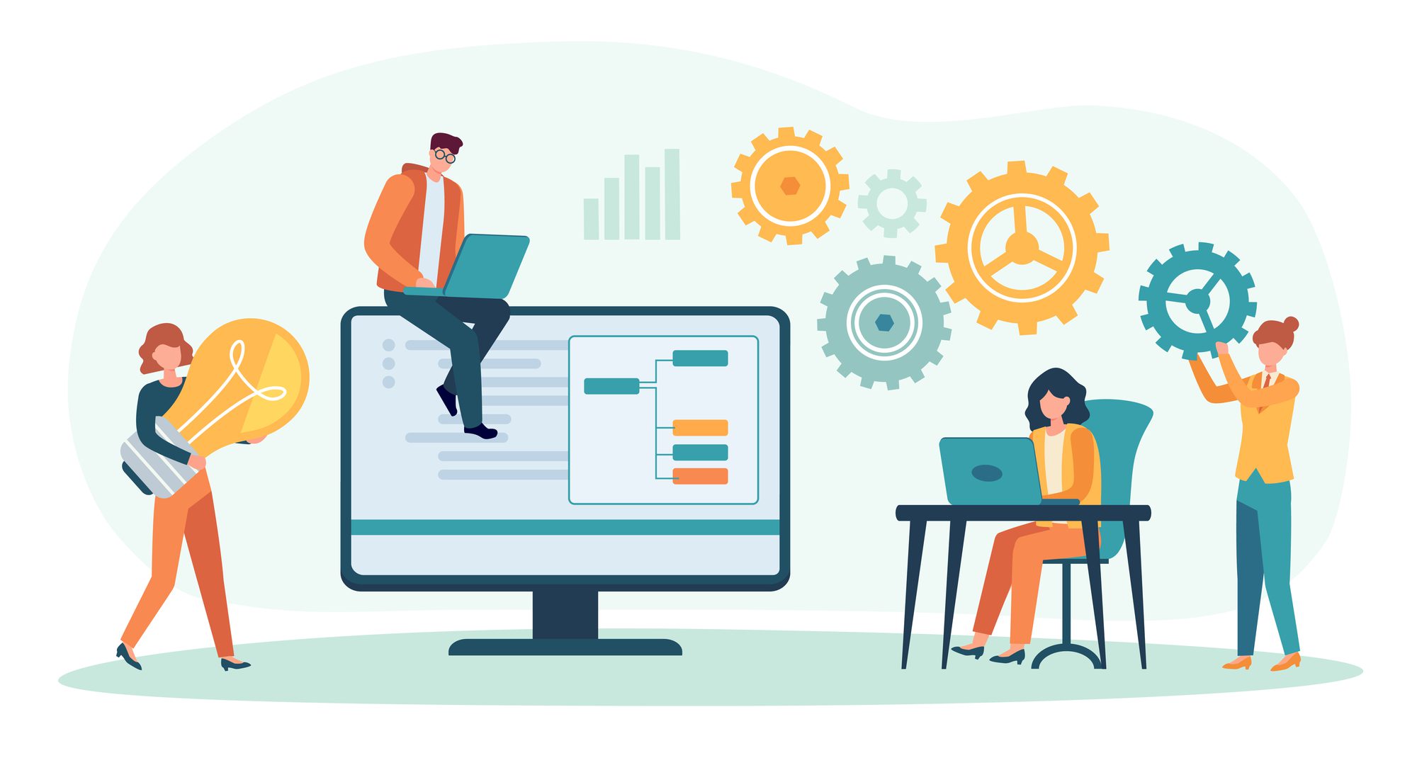 Business people working together in team. Office workers collaborating, woman generating ideas, man working on laptop. Motivated people perform tasks productively in teamwork vector